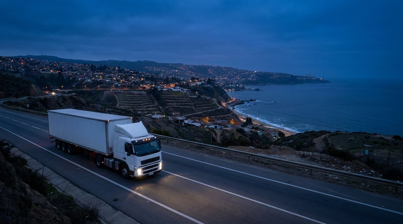 Camión de carga en la ruta costera de Valparaíso, monitoreado por la plataforma Control Position